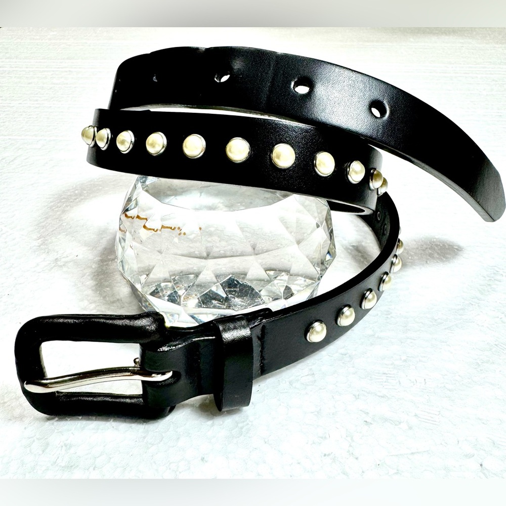 Leather Black Studded Belt with Pearls Classic - Picture 11 of 14